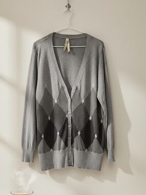 Penningtons Gray Button Front Argyle Pattern Grandpa Cardigan Plus Size 1X